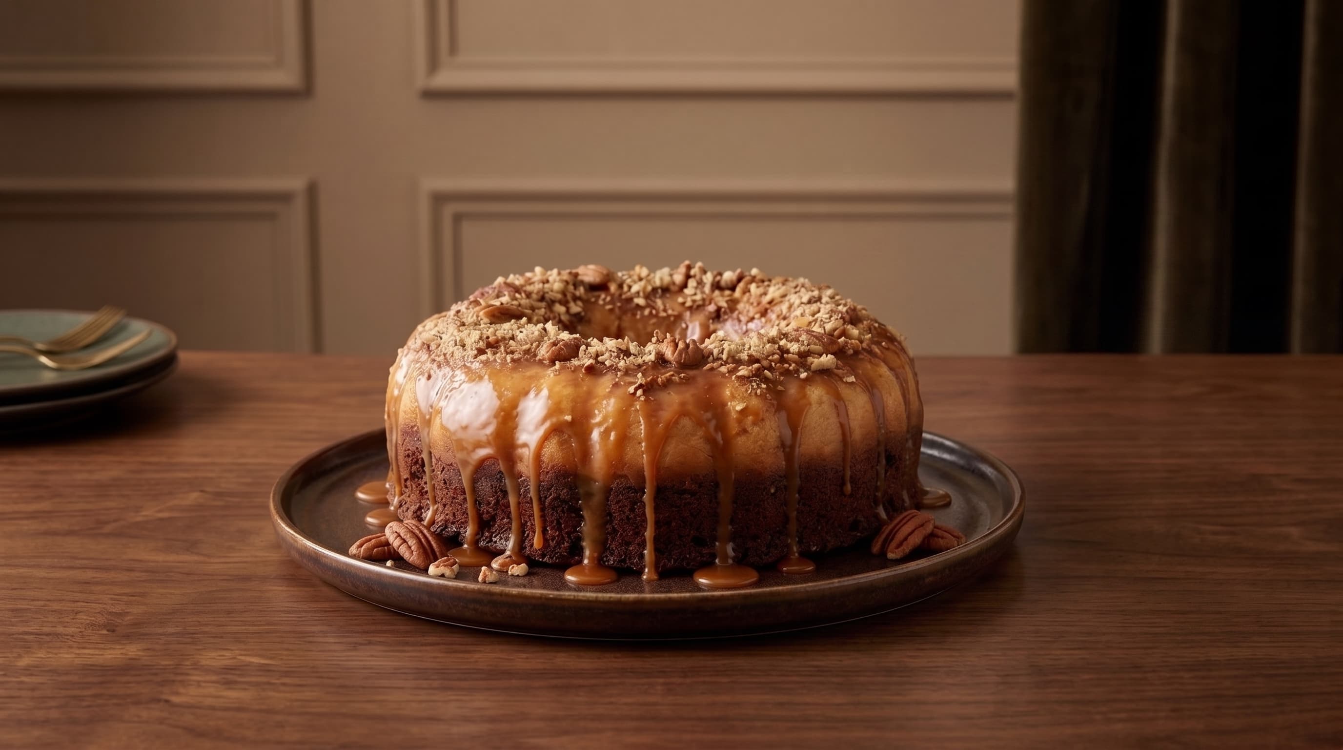 A whole chocoflan drizzled with caramel and topped with pecans, plated on a dinner table
