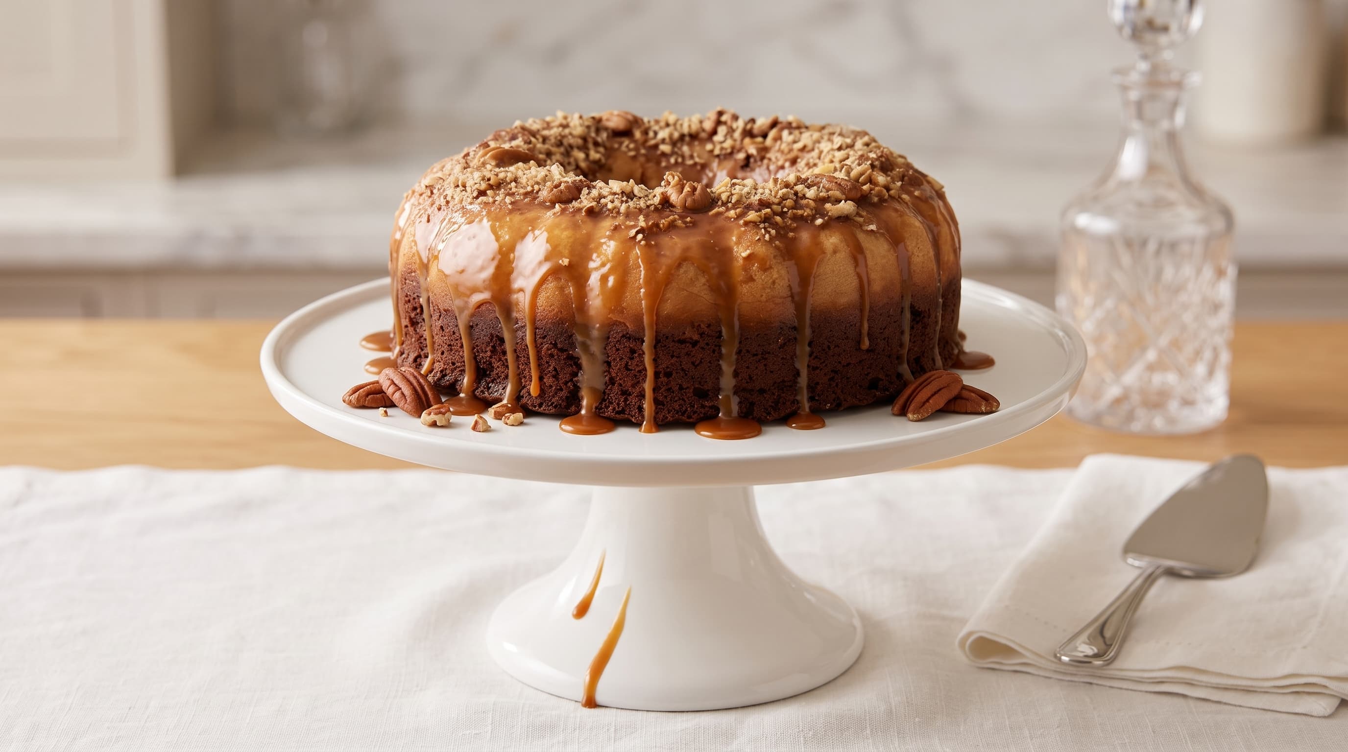 A whole chocoflan on a white cake stand, drizzled with caramel and topped with pecans